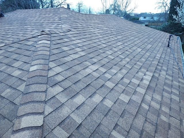 Roof covered with gray asphalt shingles, showing a ridge vent and a sloped rooftop view