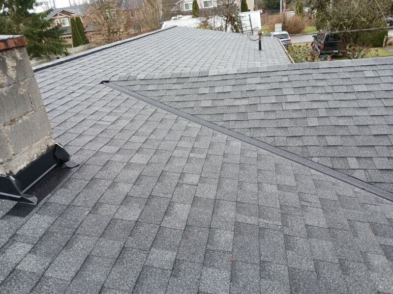 Gray shingled roof with a chimney, seen from above on an overcast day