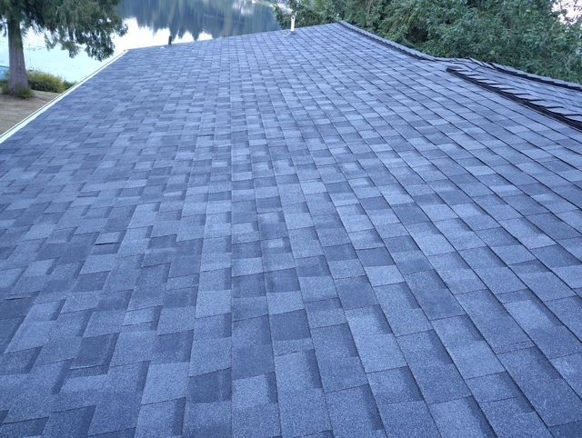 Gray shingle roof viewed from below, extending toward trees and a cloudy sky.