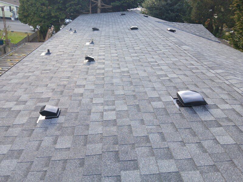 Gray shingled roof with several black vents and rooftop structures on a cloudy day