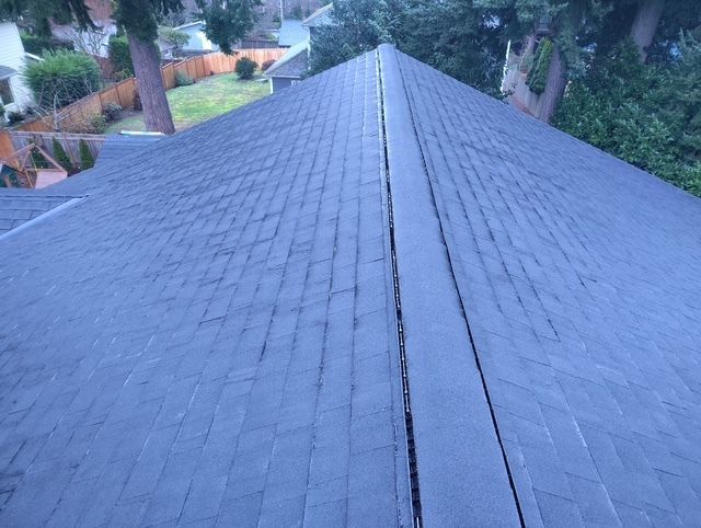 Symmetrical rooftop with dark gray shingles and a central ridge, viewed toward trees in the distance