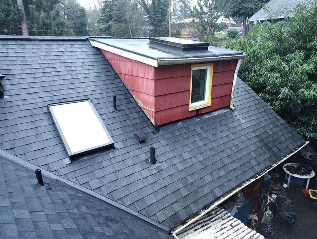 Roof with gray shingles and a red dormer with a skylight window.