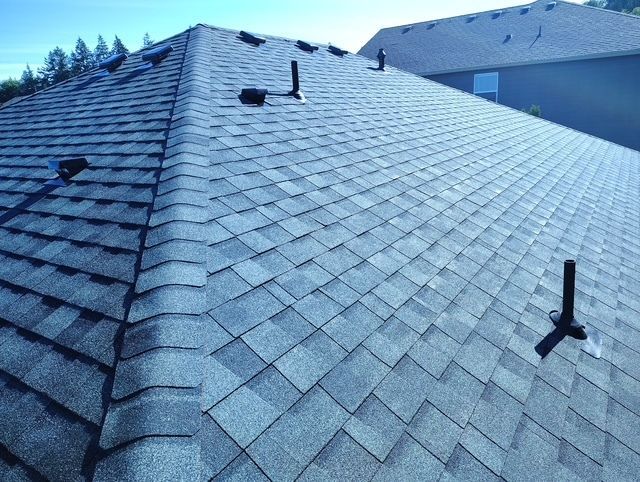 Blue shingled roof with several black vent pipes under a clear sky