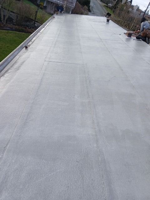 Flat gray rooftop with two workers near the far edge on an overcast day