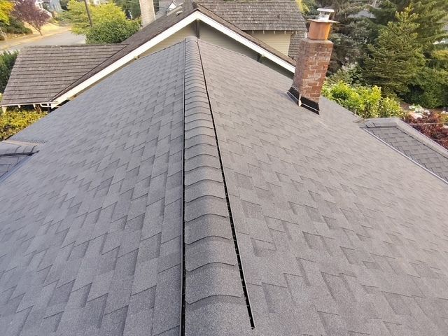 Rooftop with gray asphalt shingles, ridge vent, and brick chimney, viewed from above