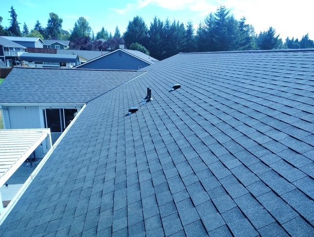 Blue shingled rooftop with several vents, viewed from an adjacent roof, with trees in the background