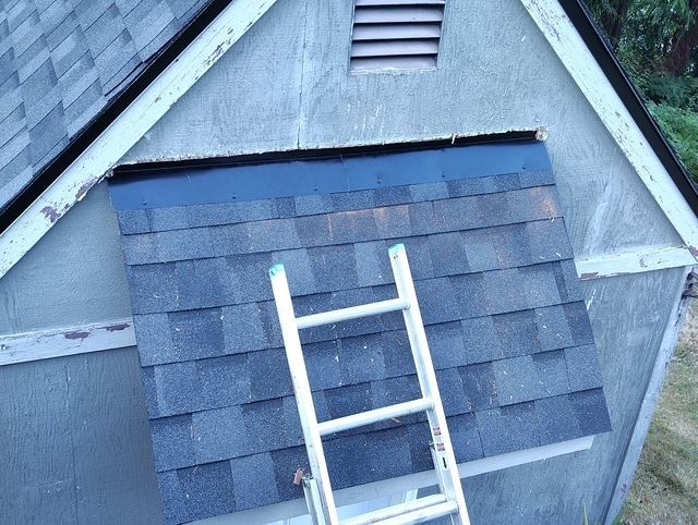Ladder leaning against a blue-shingled roof with a vent near the top edge.
