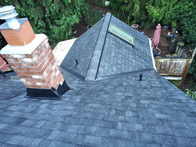 Rooftop with dark gray shingles, brick chimney, and skylight beside trees and a backyard fence