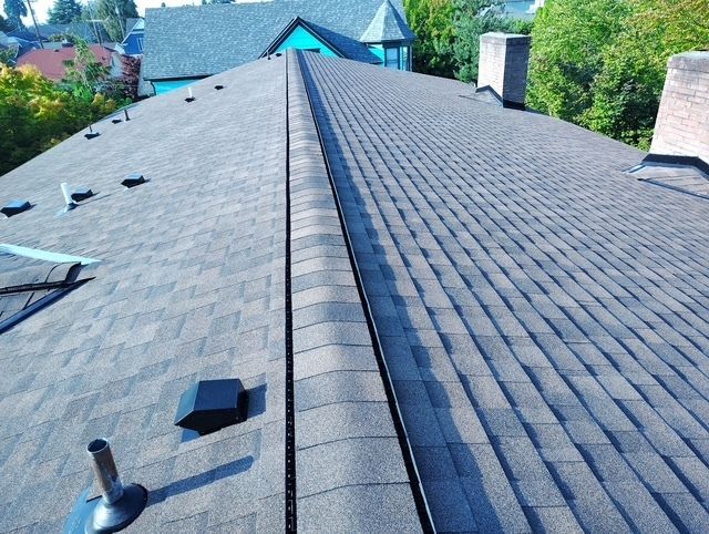 Rooftop with gray shingles, vents, and two chimneys, viewed from the ridge toward neighboring houses.
