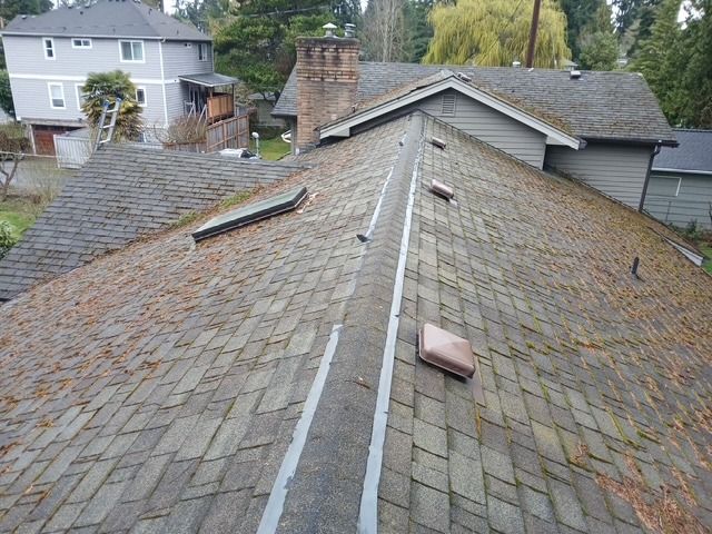 Roof with weathered shingles and a central ridge vent, viewed from above in a residential neighborhood.