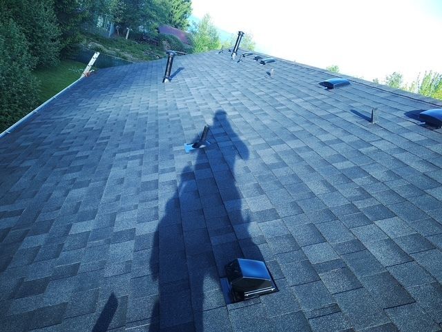 Person’s shadow on a blue shingled rooftop with vents and a tree-lined background
