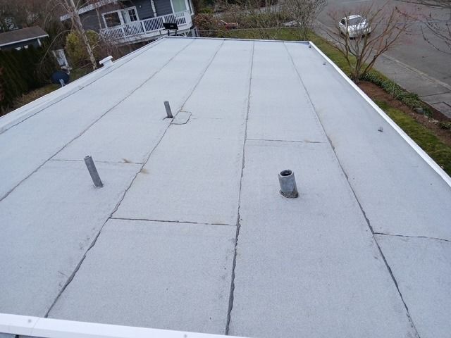 Flat white rooftop with vents and nearby trees on a cloudy day