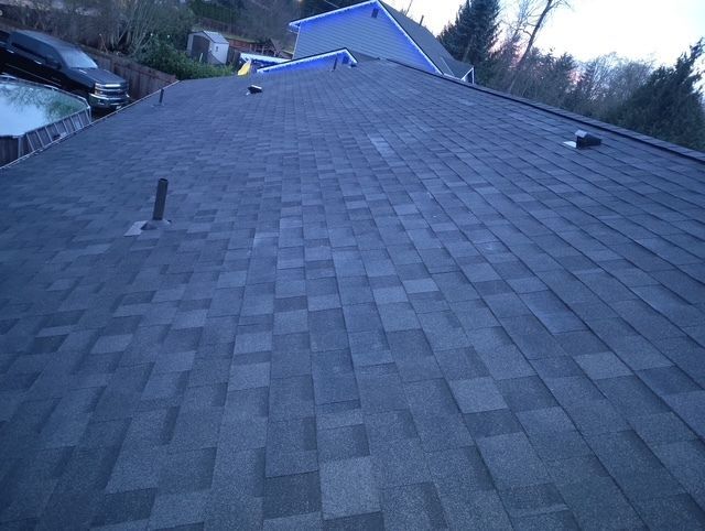 Roof covered with gray shingles, with a blue building and trees in the background at dusk