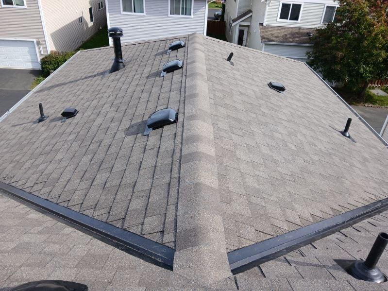 Rooftop with gray shingles, several vent pipes, and neighboring houses in view