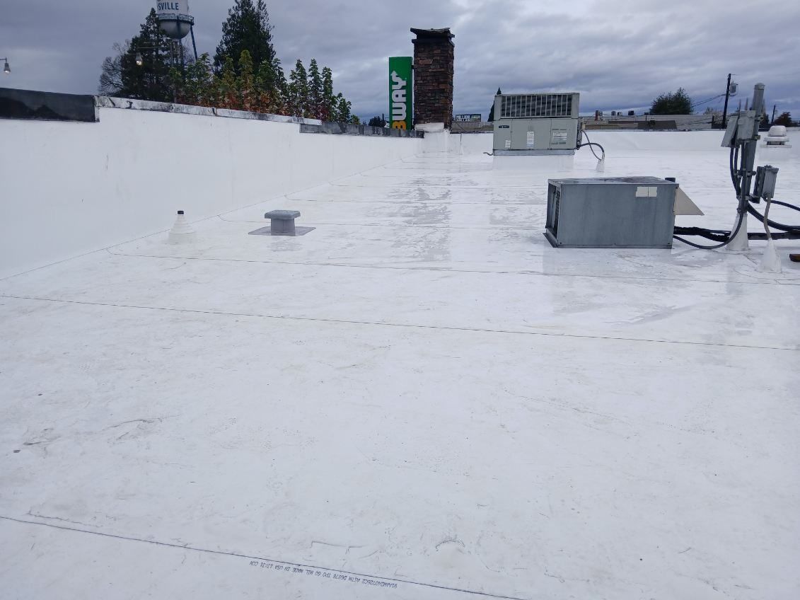 Snow-covered rooftop with utility equipment and distant trees under an overcast sky