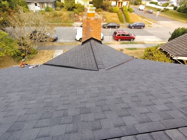 View from a roof over a suburban street with parked cars and neighboring houses; chimney in foreground