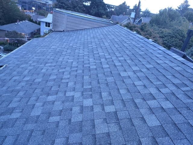 Blue-gray shingled roof with trees and houses in the background