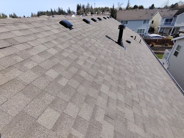 Shingled roof with vents and a skylight, viewed over a suburban neighborhood