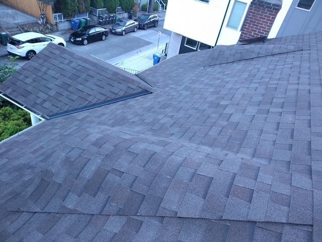 Dark gray shingled roof seen from above, with a street and parked cars in the background