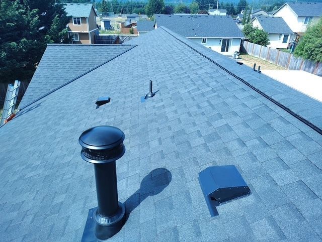 Rooftop with gray shingles, black vent pipe, and small roof hatch in bright daylight.