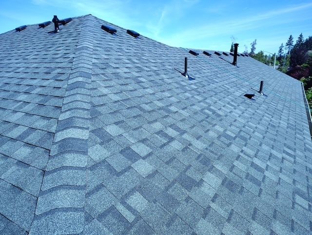 Gray shingled roof with several black roof vents under a blue sky