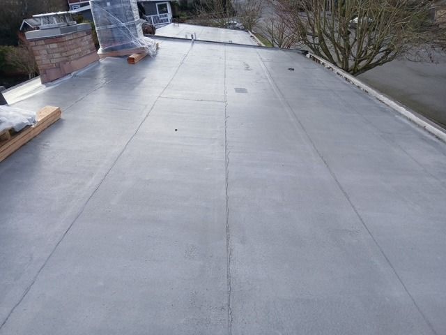 Flat gray rooftop with chimneys, vents, and surrounding trees in the distance.