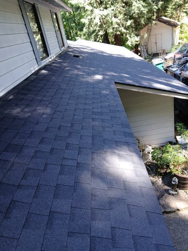 Shingled roof on a house, viewed from above, with a sloped section and nearby trees.