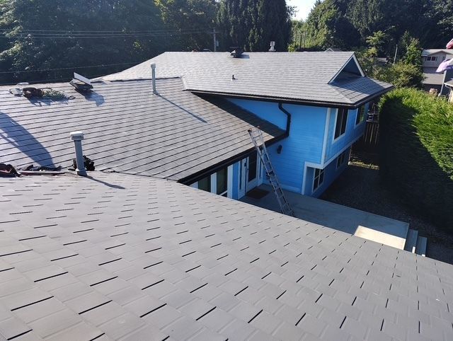 Aerial view of a house with gray shingle roof and bright blue exterior beside greenery