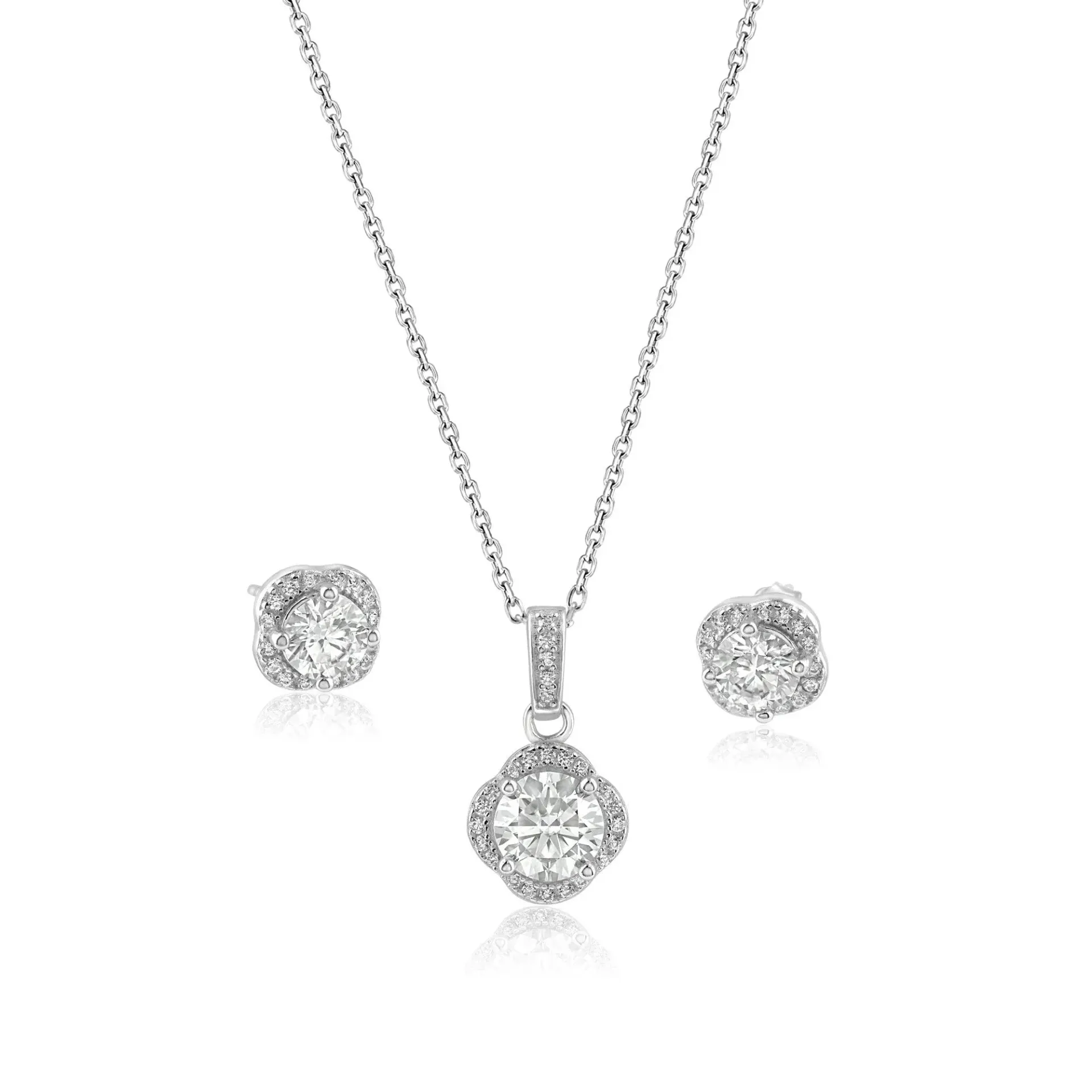 Radiant Halo Rhodium-Plated Jewelry Set – 0.5ct Earrings & 1ct Pendant Necklace