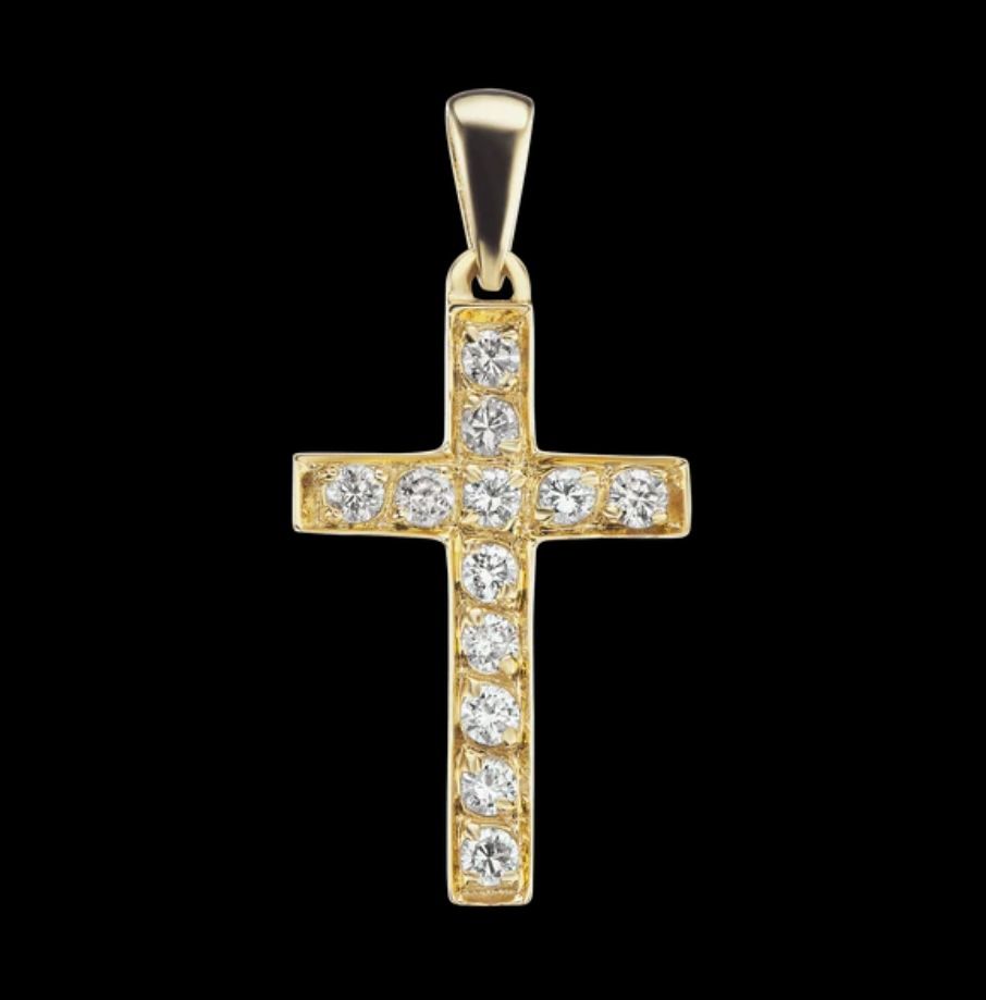 “Trinity Flood” – 14K Gold & 1.80ct Diamond Cross Triple threat: Gold. Diamonds. Faith.