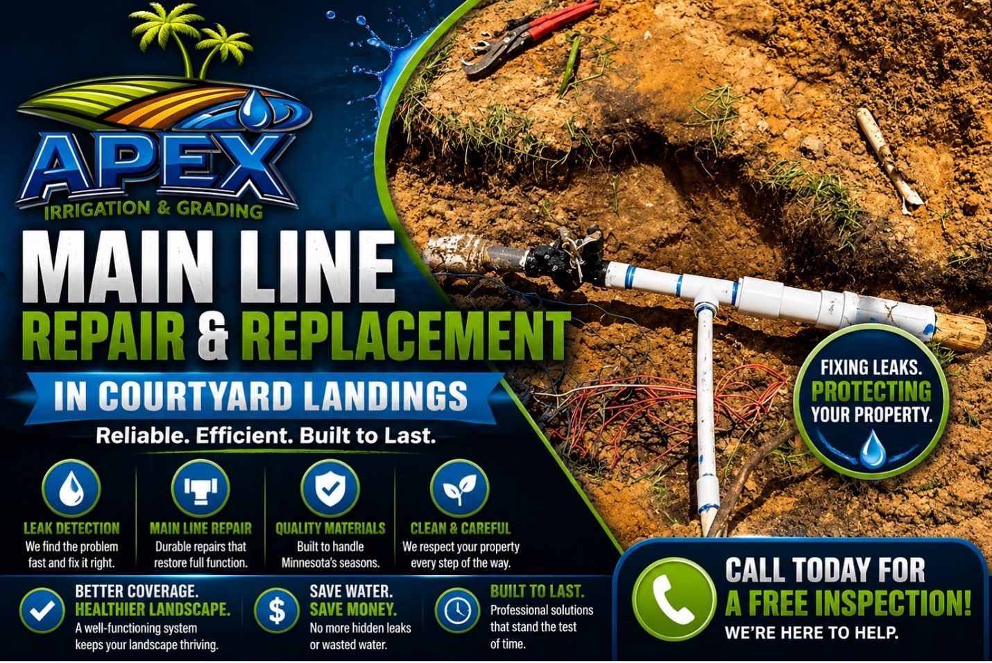 Main line repair and replacement in Courtyard Landings