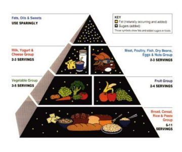La piramide alimentare del Dipartimento dell'Agricoltura degli Stati Uniti (USDA) che mostra i gruppi alimentari, le porzioni e una legenda per il contenuto di grassi e zuccheri.