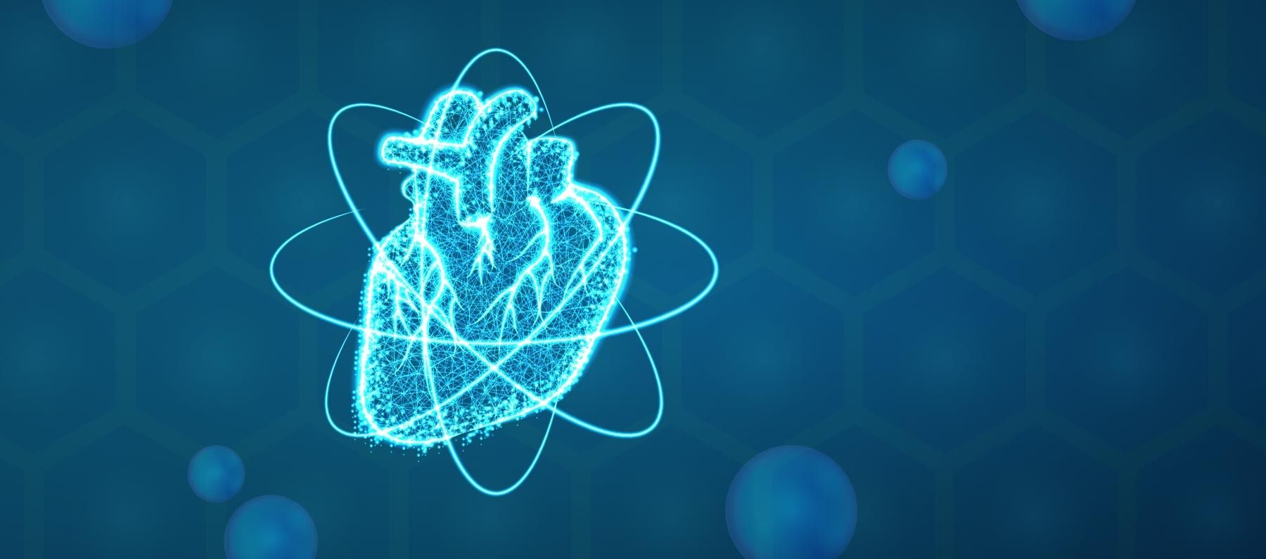 Una luminosa sagoma digitale blu di un cuore umano, circondata da anelli orbitanti, su uno sfondo scuro a nido d'ape.