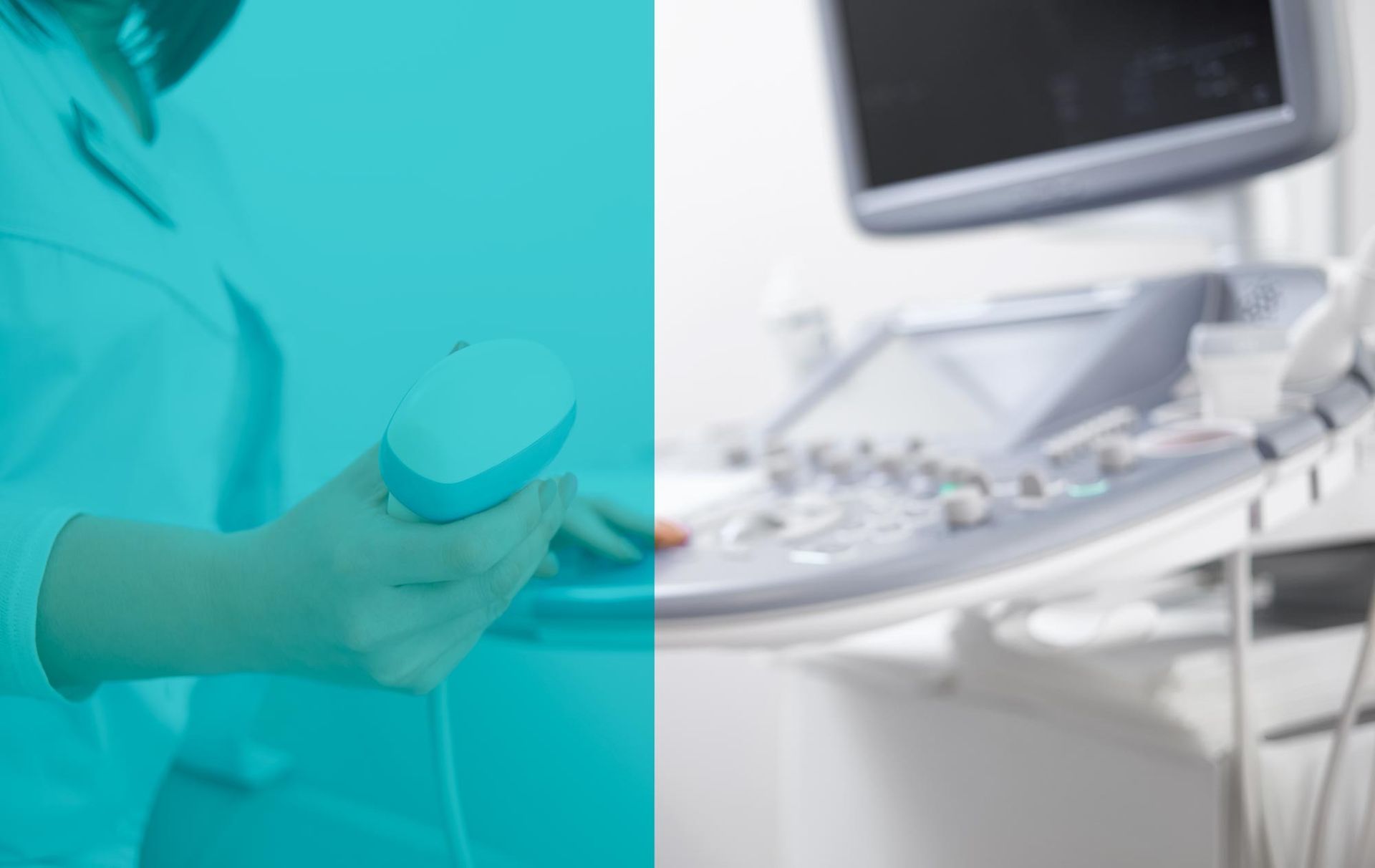 Una persona in camice medico tiene in mano una sonda ecografica accanto a un apparecchio ecografico con monitor e pannello di controllo.