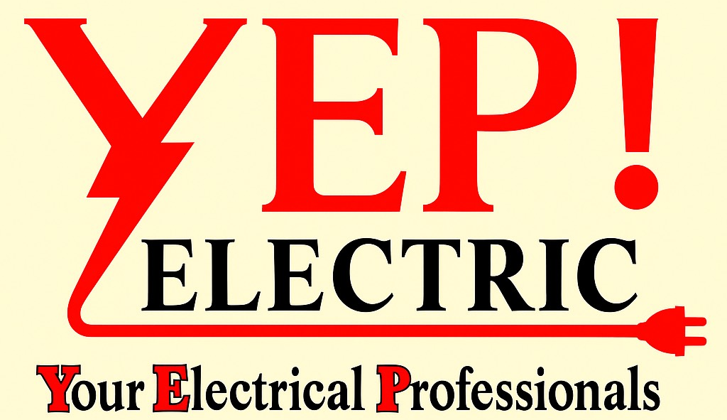 Logo for Yep! Electric: Red lightning bolt, red and black text, and a plug icon.