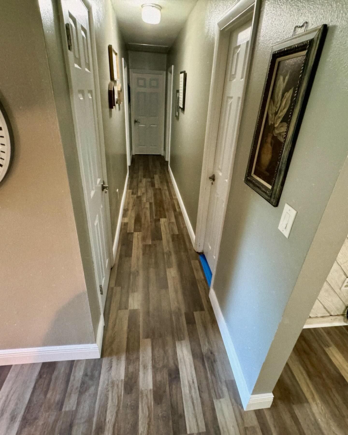 Long, narrow hallway with wood-look flooring, white doors, and framed wall art.