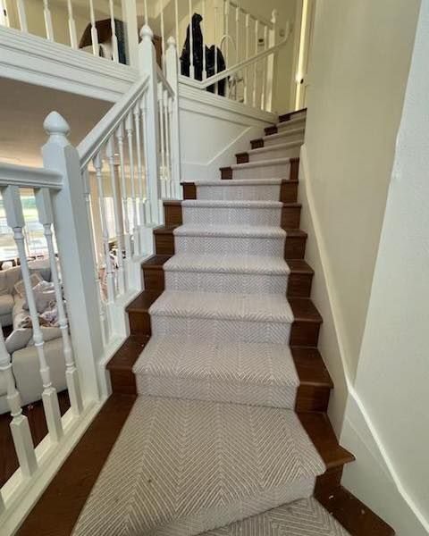 Carpeted staircase with white railing and brown wood trim in a bright hallway.