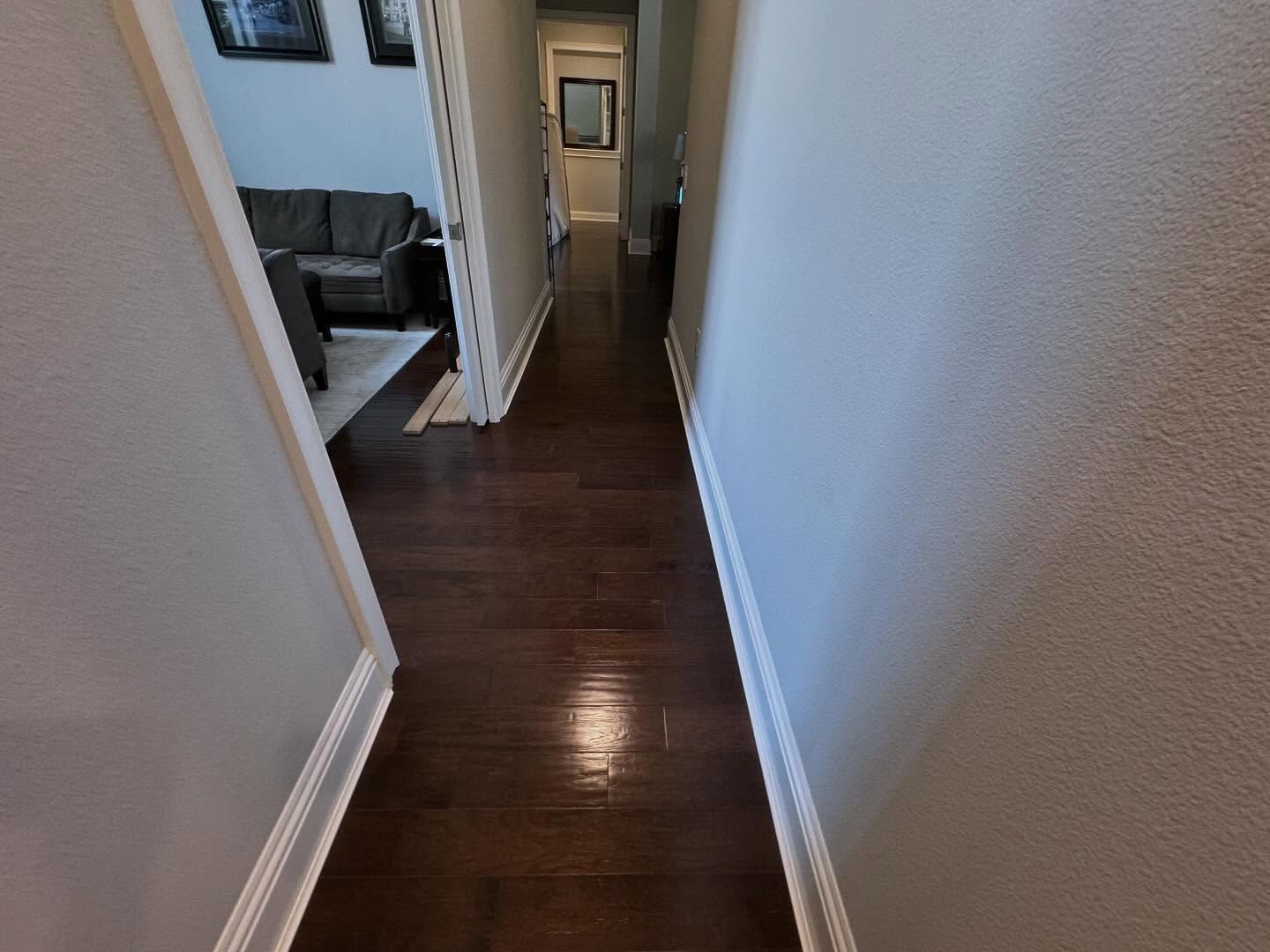 Narrow hallway with dark wood floors and white walls leading to a living room.