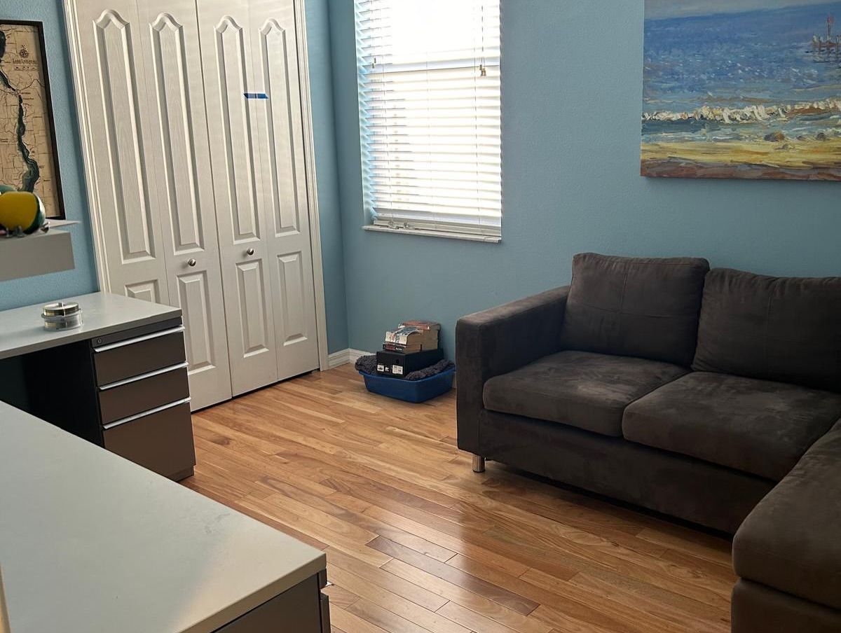 A tidy living room with a dark gray sofa, white closet doors, blue walls, and a window with blinds.