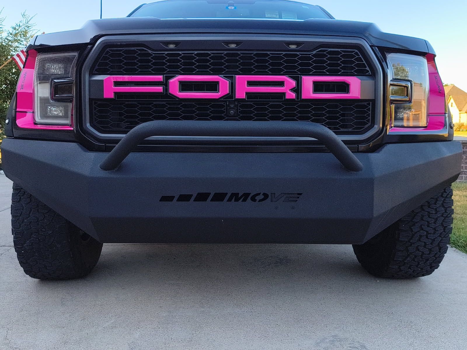Front view of a black Ford truck with a bright pink grille decal and rugged bumper