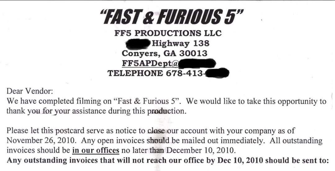 Formal letter on Fast & Furious 5 production letterhead, discussing payment and invoice details.
