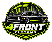 4Front Customs logo with black classic car over neon green city skyline