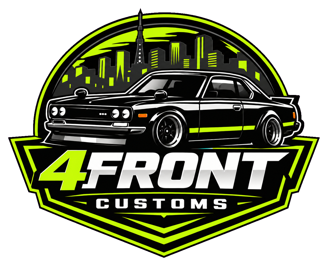 Black classic car logo with neon green city skyline and “4Front Customs” text
