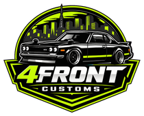 Black classic car logo with neon green city skyline and “4Front Customs” text