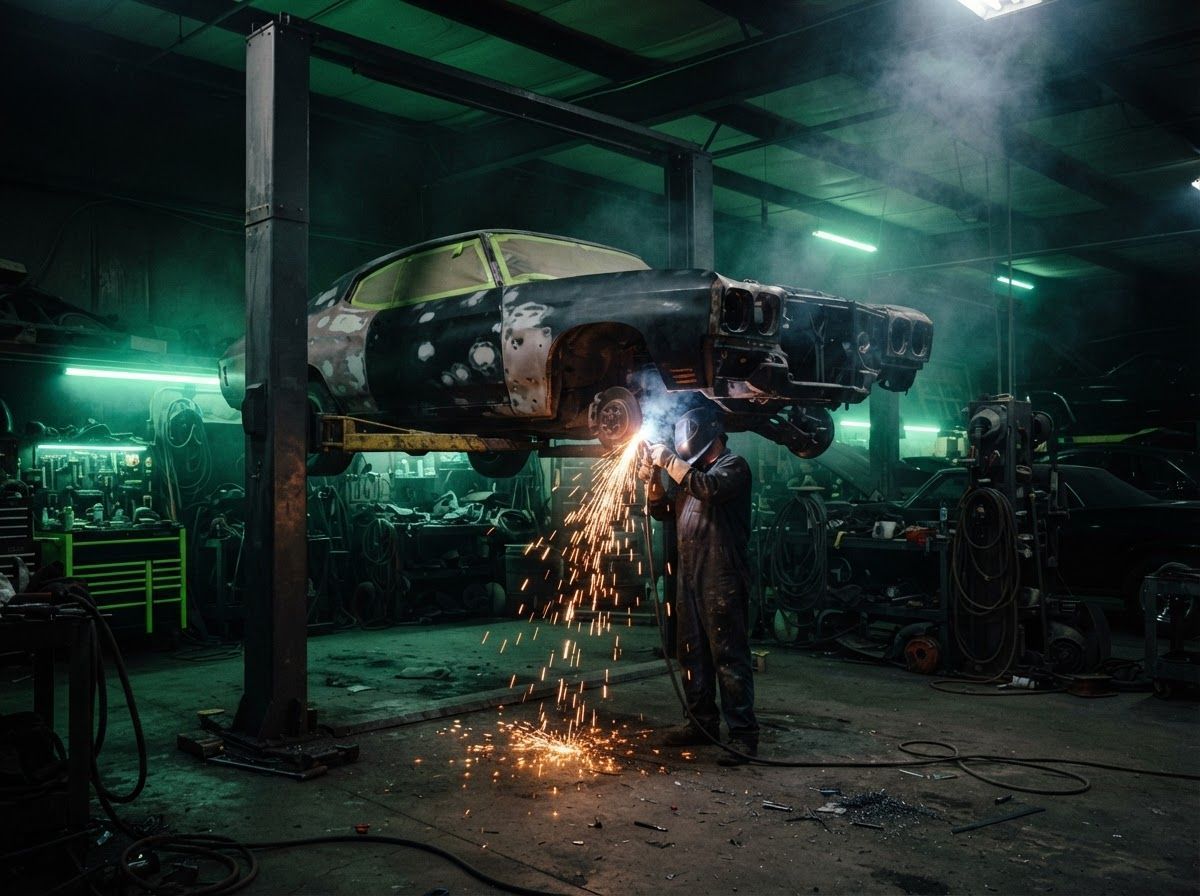 Car body sparks during welding in a dim auto repair shop, with smoke and green lighting