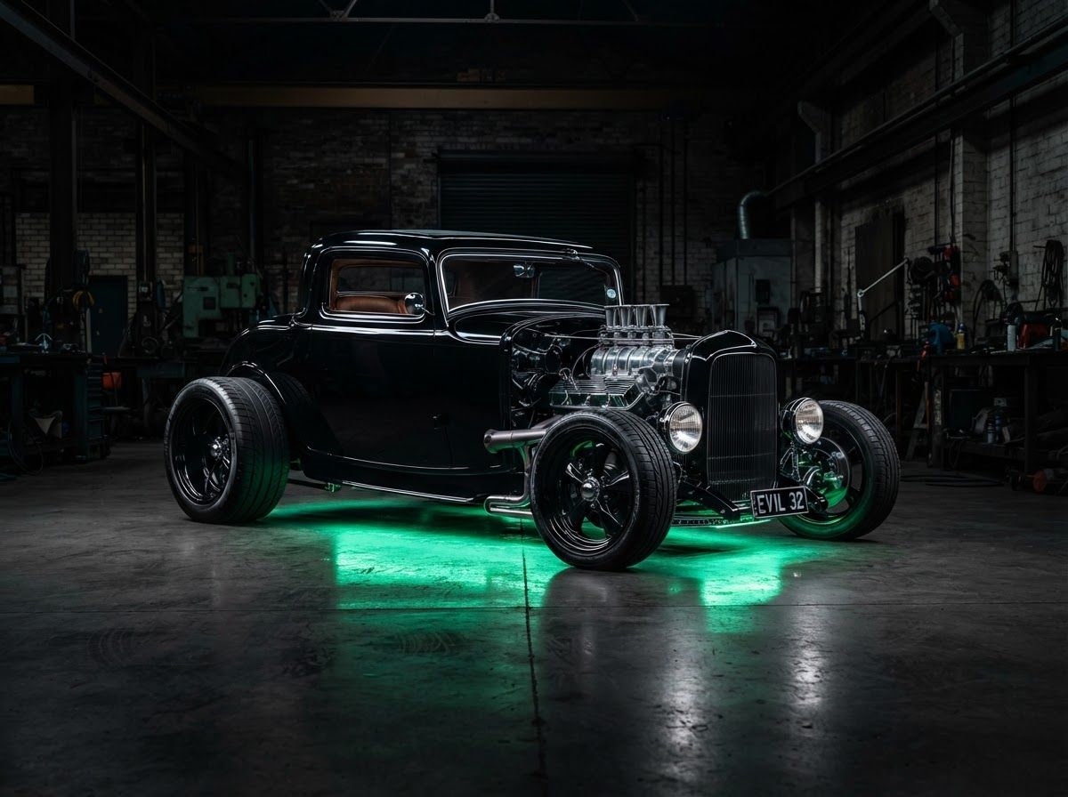 Black vintage hot rod with green underglow in a dim garage, viewed from the side