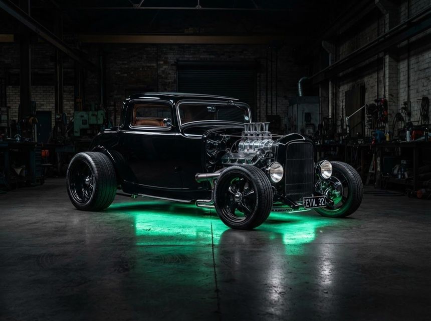 Black vintage hot rod with neon green underglow in a dark garage