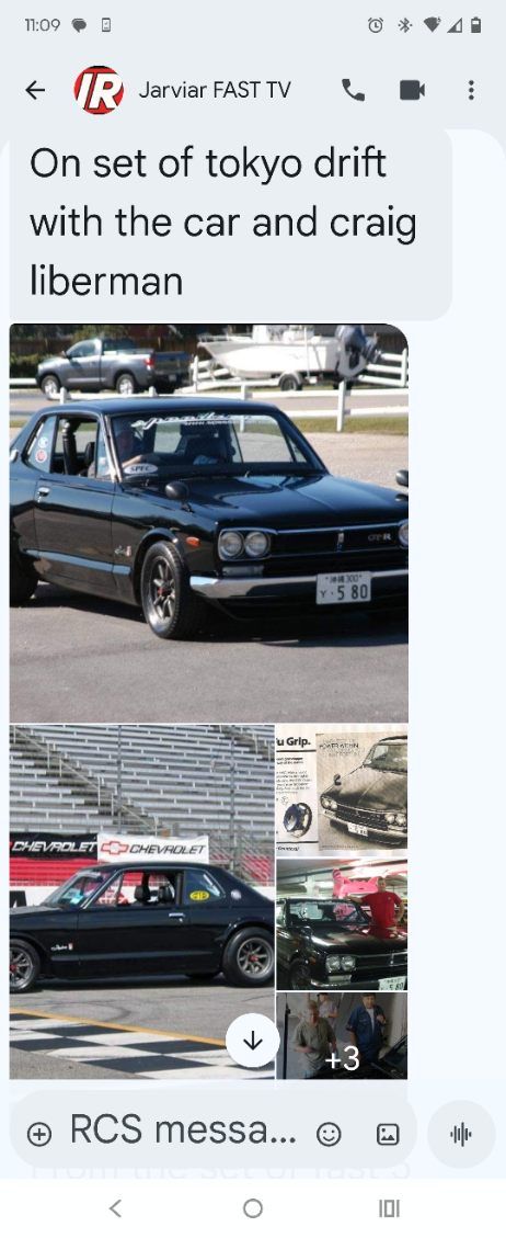 Car video collage with a black car and social media caption overlay reading “On set! of Tokyo drift with the car and craig liberman”