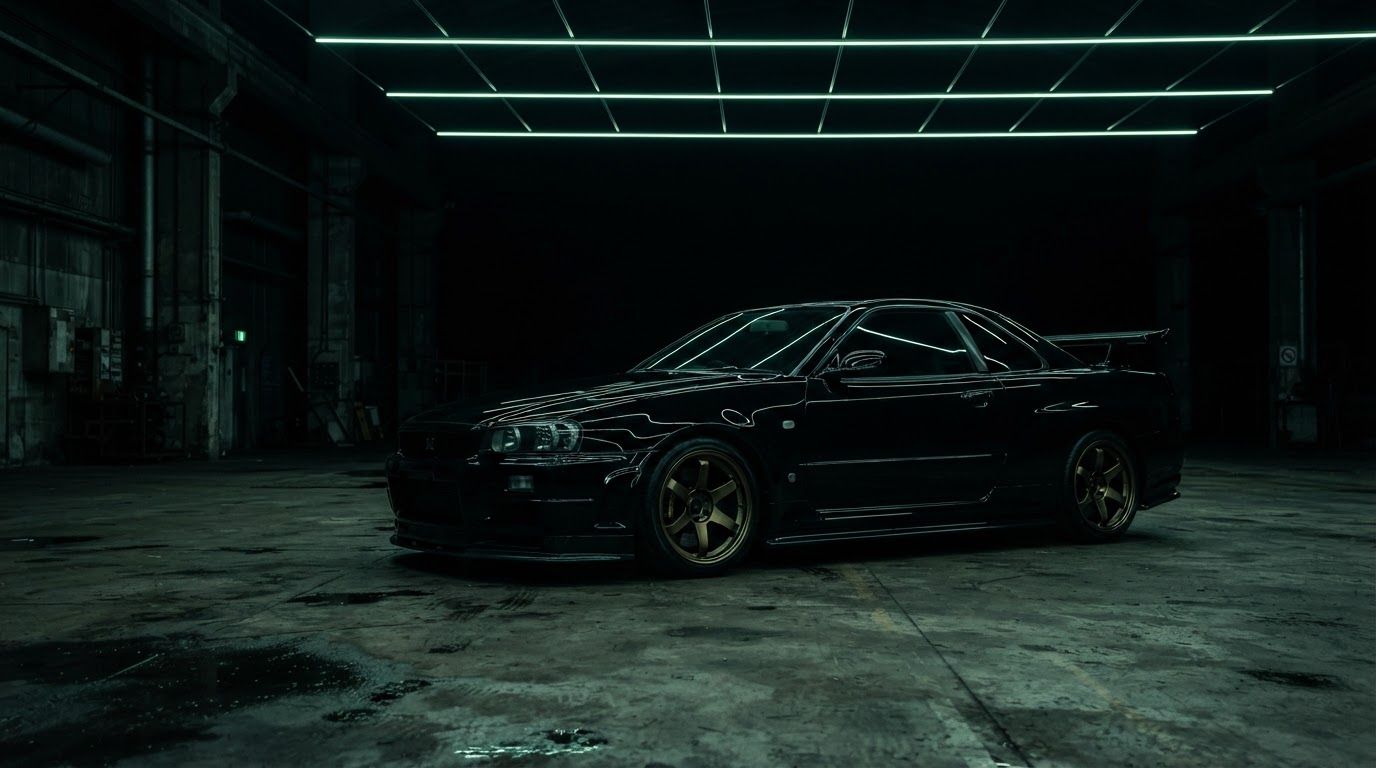 Black sports car parked in a dim garage under green ceiling lights