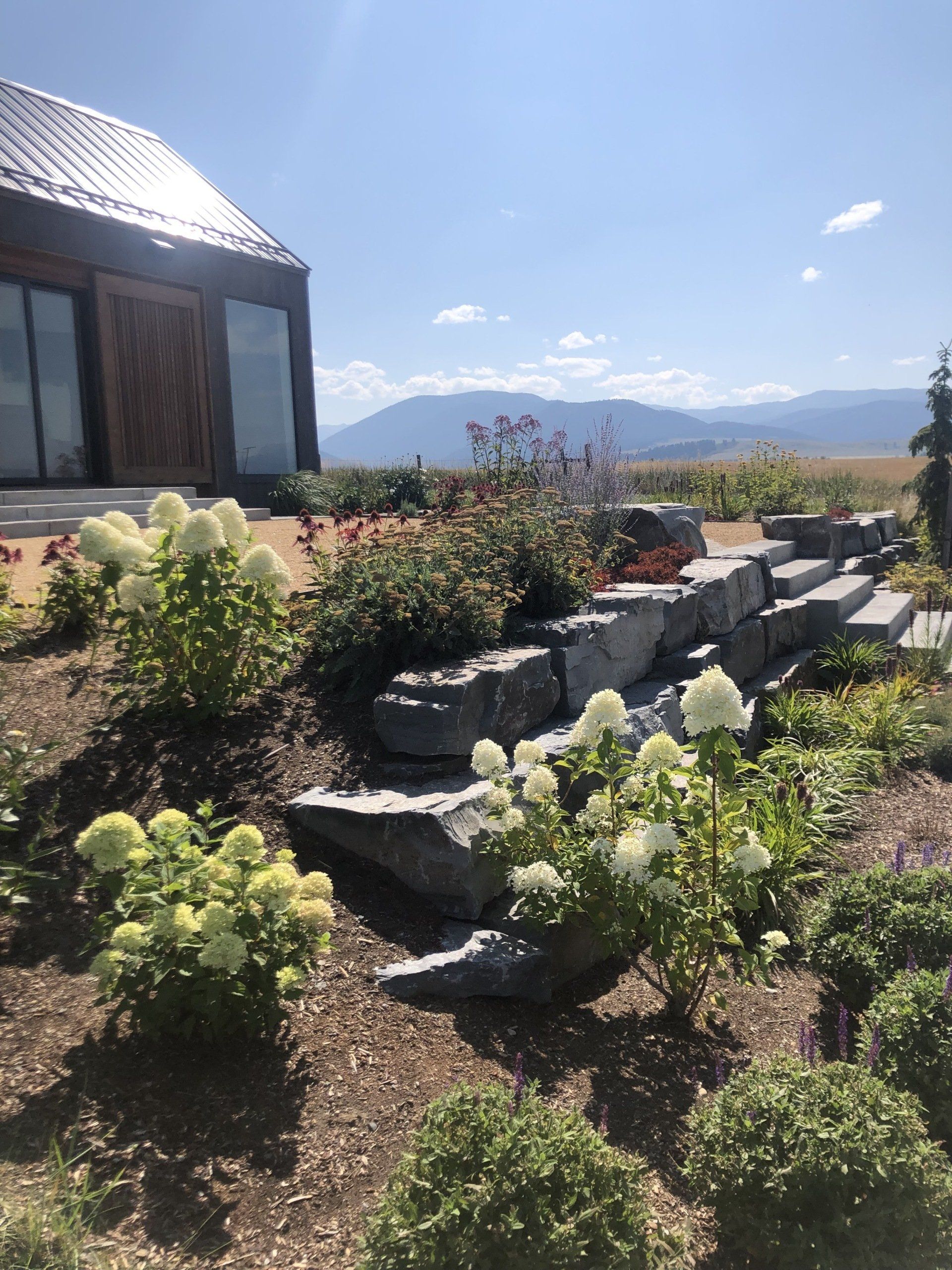 A house is surrounded by flowers and rocks in a garden.